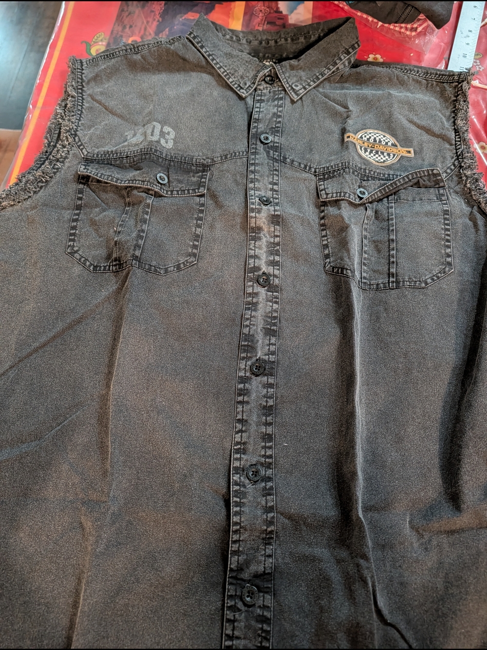 Harley-Davidson Black Sleeveless Denim Button-Up Shirt with Patch